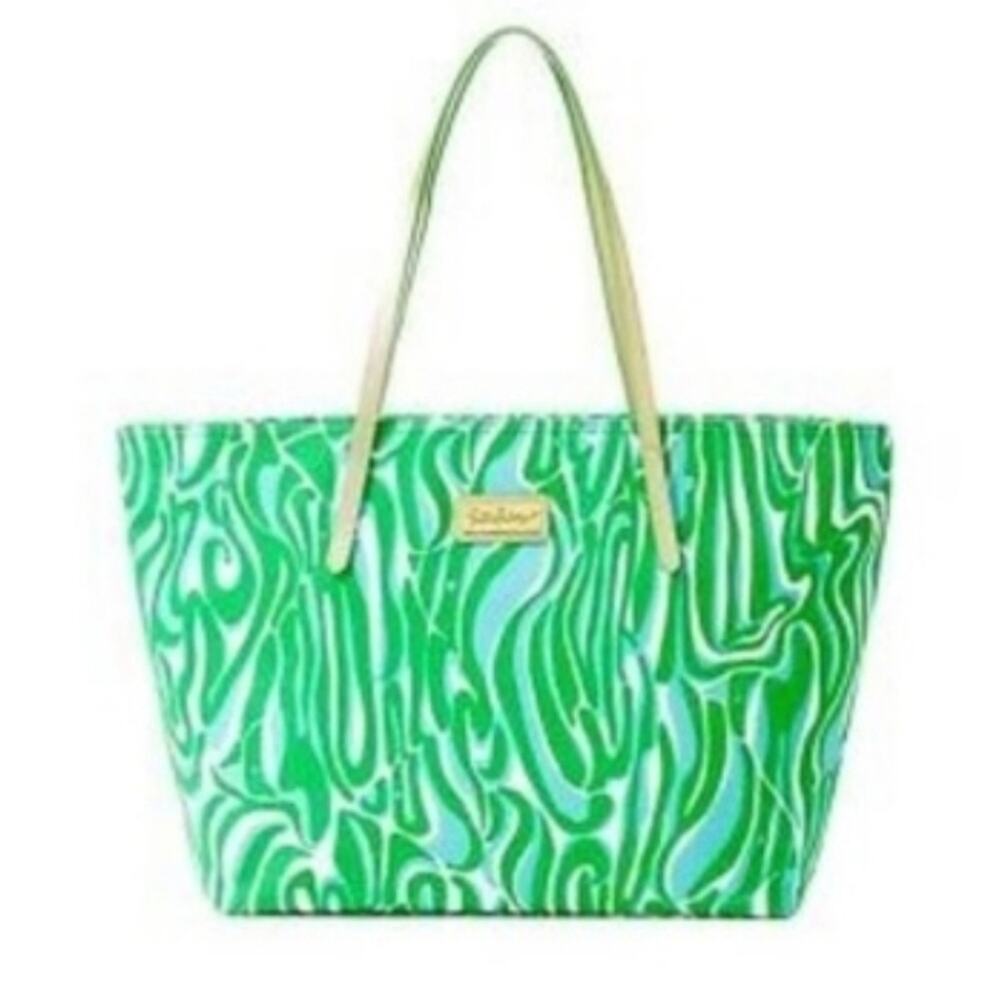 Lilly Pulitzer Finders Keepers Green, Blue Mod Pattern Resort Tote Bag Read Des